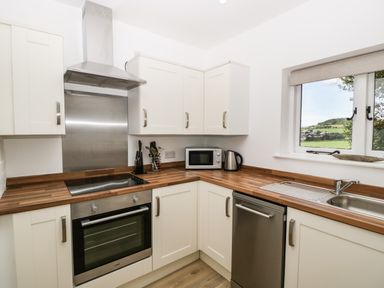 A kitchen with white cabinets a stainless steel oven microwave kettle and a window showing a green landscape at The Old Kennels in Harcombe near Sidford