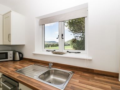 A kitchen counter with a sink microwave kettle and a window overlooking fields at The Old Kennels in Harcombe near Sidford