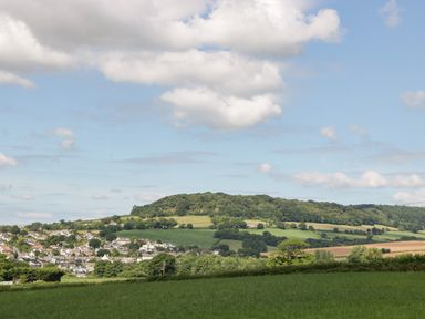 A rural landscape with fields trees and houses under a partly cloudy sky at The Old Kennels in Harcombe near Sidford
