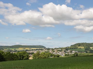 A green field with trees and a town in the distance under a partly cloudy sky at The Old Kennels in Harcombe near Sidford