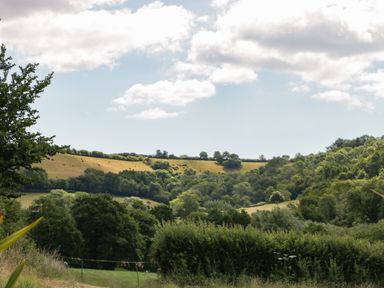 A view of rolling hills with trees and grassy fields under a partly cloudy sky at The Old Kennels in Harcombe near Sidford