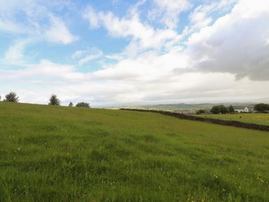 A field with grass and trees under a cloudy sky at The Journeyman Luxury Shepherds Hut in Barnoldswick