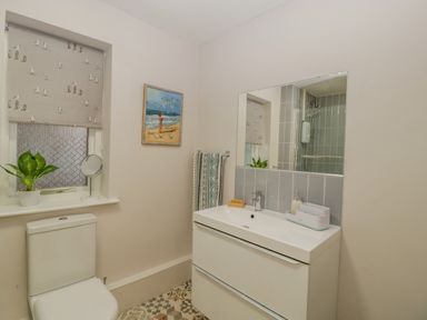 A bathroom with a toilet, a plant on the window sill, a wall painting, a towel rack with a towel, a sink with toiletries, and a mirror at Phocle Ridge in Phocle Green near Ross-On-Wye