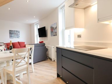 A kitchen and living area with white chairs a table red cushions and a wall mounted TV at Ferryside in Kingswear