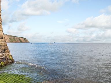 A coastal view with a stone wall on the left green algae on rocks small boats on the water and cliffs in the distance at The Shepherd's Rest in Robin Hood's Bay