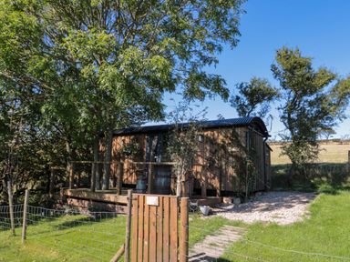 A small wooden cabin surrounded by trees with a fenced grassy area and a gravel path at The Shepherd's Rest in Robin Hood's Bay