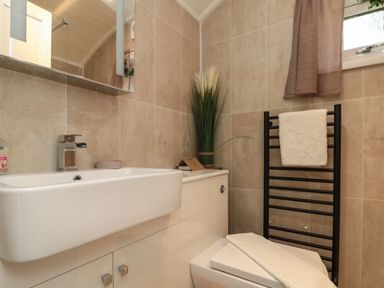 A bathroom with a sink, a cabinet, a toilet, a towel on a black towel rack, and a plant near a window at The Shepherd's Rest in Robin Hood's Bay