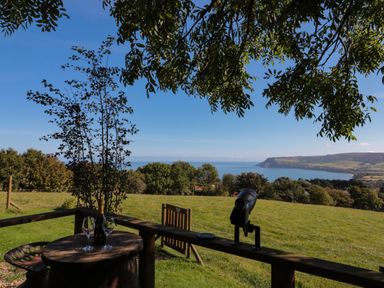 An outdoor table with two wine glasses and a bottle with trees and a telescope overlooking a field and coastline