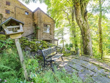 A stone house with a mossy stone wall a wooden birdhouse and a metal bench under large trees at Keepers in Nenthead near Alston