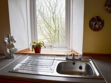 A kitchen sink with a dish drying rack a plant and mugs on a stand by a window at Keepers in Nenthead near Alston