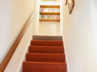 A carpeted staircase with red and brown steps leading to a landing with three wooden shelves filled with books at Keepers in Nenthead near Alston
