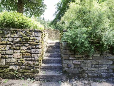 Stone steps leading up between mossy stone walls with green plants and trees surrounding at Bothy Nenthall near Alston