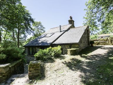 A stone cottage with a slate roof surrounded by trees and greenery at Bothy in Nenthall near Alston