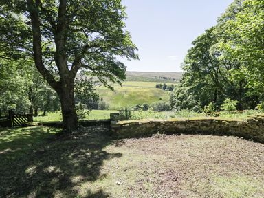 An outdoor garden area with trees a stone wall and distant hills at Bothy in Nenthall near Alston