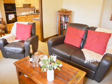 A living room with leather armchairs and sofa with red cushions and a wooden coffee table with flowers and a bottle at Chestnut in Nenthall near Alston
