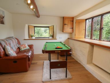 A room with a brown leather sofa and a small pool table on a rug near windows at Penarth in Cregrina near Builth Wells