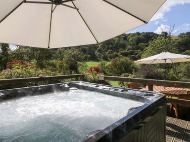 A hot tub with patio umbrellas and seating in an outdoor area at Penarth in Cregrina near Builth Wells