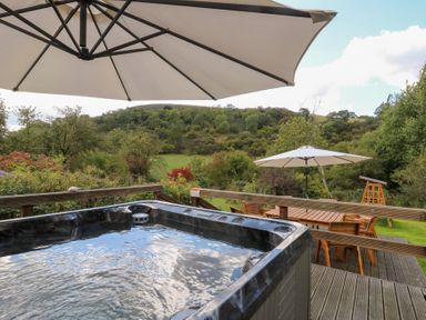 A garden with a hot tub and outdoor seating at Penarth Cregrina near Builth Wells
