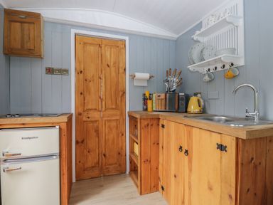 A kitchen with wooden cabinets a fridge a sink a microwave and plates on a wall shelf at Rabbit Hill Hut in Govilon