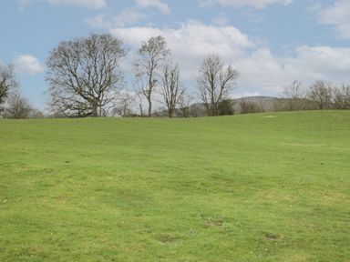 A grassy field with leafless trees in the background under a partly cloudy sky at Rabbit Hill Hut in Govilon