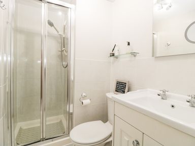 A bathroom with a shower cubicle toilet and sink with a mirror at Thornhills Cottage in Othery near Middlezoy