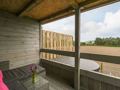 A covered wooden patio with a wicker sofa and glass table with flowers overlooking a field at Thornhills Lodge in Othery near Middlezoy