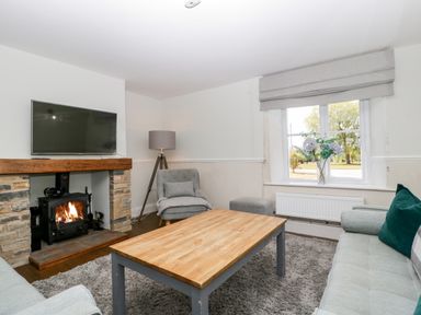 A living room with a wooden coffee table a gray armchair a sofa a fireplace with a fire and a TV mounted above it at Somerset House in Othery near Middlezoy