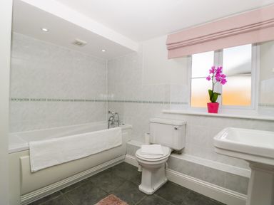 A bathroom with a bathtub a toilet a sink and a window with a pink flower pot at Somerset House in Othery near Middlezoy