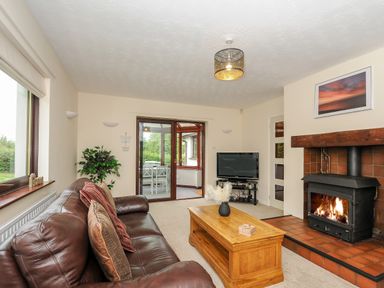 A living room with a leather couch wooden coffee table TV and fireplace at Spring Lodge in Eastcott near Kilkhampton