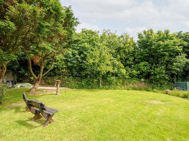 A garden with two wooden benches under trees and green grass at Spring Lodge in Eastcott near Kilkhampton
