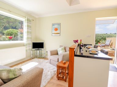 A living room with armchairs a small table a television on a glass stand and a breakfast bar with plates and wine at Cam O'r Fechan Annexe in Llangollen