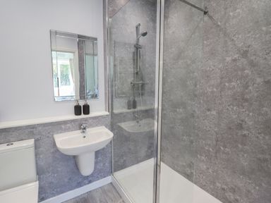 A bathroom with a sink a toilet a mirror and a shower enclosed by glass at Cam O'r Fechan Annexe in Llangollen