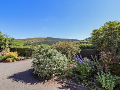 A garden with various shrubs and purple flowers along a driveway with hills in the background at Cam O'r Fechan Annexe in Llangollen