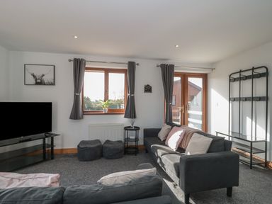 A living room with two grey sofas two poufs a TV on a stand a window and a door with glass panels at Bluebell Lodge Meadow view lodges in Brean