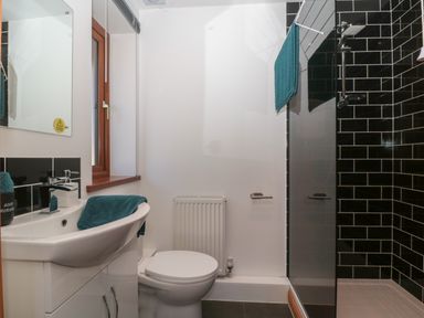 A bathroom with a white sink cabinet a toilet a glass shower enclosure with black tiles and a window at Bluebell Lodge Meadow view lodges in Brean