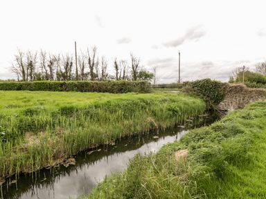 A narrow stream bordered by grass and reeds with a stone bridge and a metal gate in a rural field Bluebell Lodge Meadow view lodges Brean