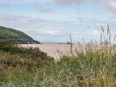 A coastal view with grass and bushes in the foreground hills on the left and a pier with buildings in the distance at Bluebell Lodge Meadow view lodges in Brean