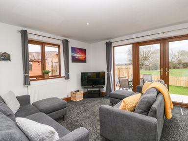 A living room with two gray sofas cushions a television and large windows at Delphine Lodge Meadow View Lodges Brean