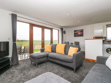 A living room with gray sofas and orange cushions near glass doors overlooking a green field at Delphine Lodge Meadow View Lodges Brean