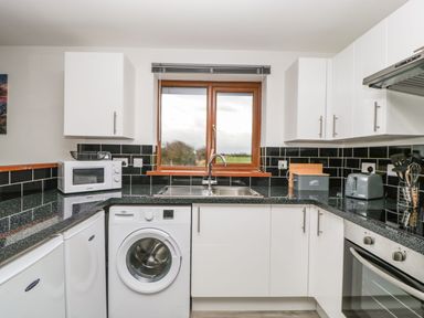 A kitchen with white cabinets a washing machine microwave and oven at Delphine Lodge Meadow View Lodges in Brean