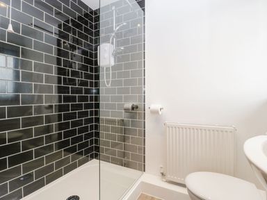 A bathroom with a shower area with black tiles a toilet a radiator and a sink at Delphine Lodge Meadow View Lodges in Brean