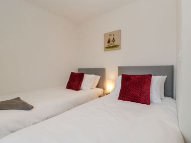 A bedroom with two single beds red pillows and a nightstand lamp at Delphine Lodge Meadow View Lodges in Brean