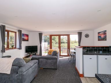 A living room with a sofa and television at Delphine Lodge, Meadow View Lodges Brean