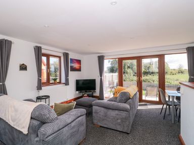 A living room with a television and a sofa at Delphine Lodge, Meadow View Lodges Brean
