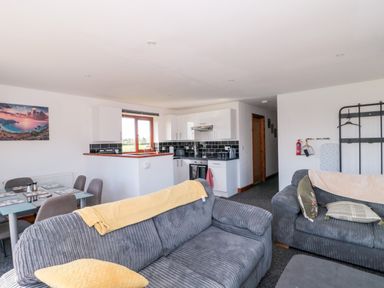 A living room with a kitchen area at Delphine Lodge, Meadow View Lodges in Brean
