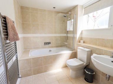 A bathroom with a bathtub shower combination toilet sink and towel radiator at Fell Sweep in Keswick