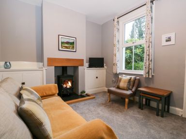 A living room with a sofa a fireplace a small chair and nested tables at 7 Railway Cottages in Newby Bridge
