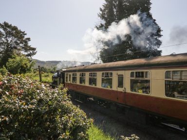 A vintage steam train moving through a green countryside area at 7 Railway Cottages in Newby Bridge