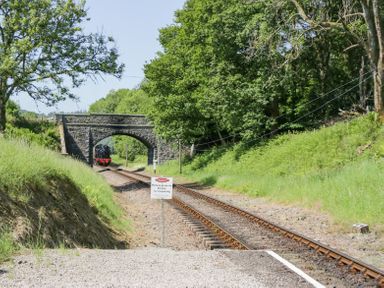 Railway tracks passing under a stone bridge with trees and greenery on both sides at 7 Railway Cottages in Newby Bridge