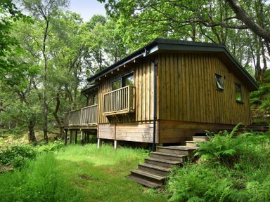 A wooden cabin with stairs and a deck surrounded by trees and greenery at Chapel House in Torridon